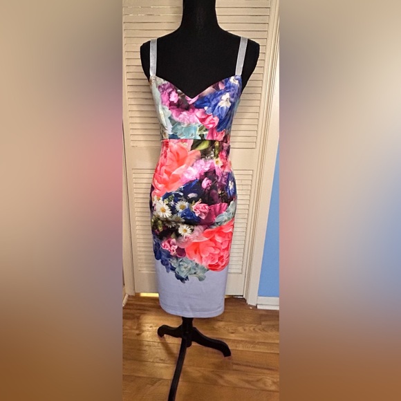 Ted Baker London straps floral print size 1 satin feel zipper back knee length - Picture 13 of 14
